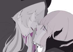 2girls 55nyako20 black_hands black_hoodie close-up colored_extremities fate/grand_order fate_(series) hand_on_another&#039;s_head highres hood hoodie imminent_kiss lilith_(fate) lilith_(first_ascension)_(fate) mash_kyrielight multiple_girls open_mouth purple_eyes purple_hair white_background white_hair yuri