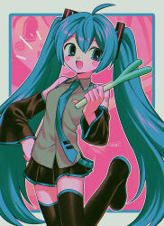 1girl absurdres ahoge bare_shoulders black_boots black_skirt blue_eyes blue_hair blue_necktie blush boots collared_shirt detached_sleeves food grey_shirt hair_between_eyes hair_ornament hand_on_own_hip hand_up hatsune_miku highres holding holding_food holding_spring_onion holding_vegetable leg_up long_hair long_sleeves looking_to_the_side menma_(enaic31) miniskirt necktie notice_lines number_tattoo open_mouth outline pink_background pleated_skirt shirt signature simple_background skirt sleeveless sleeveless_shirt smile solo spiral spring_onion standing standing_on_one_leg tattoo thigh_boots tie_clip tongue twintails vegetable very_long_hair vocaloid white_outline wide_sleeves zoom_layer