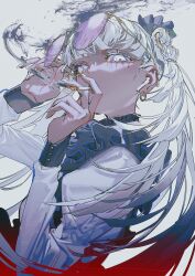 1girl absurdres airpods artist_name blue_eyes cigarette commentary_request earbuds earphones earrings eyewear_on_head highres jewelry long_hair long_sleeves looking_at_viewer mole mole_under_eye original purple-tinted_eyewear rolua shirt smoking solo sunglasses textless_version tinted_eyewear twintails upper_body white_hair white_shirt wireless_earphones