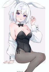1girl animal_ear_hairband animal_ears bare_shoulders black_bow black_bowtie black_leotard bow bowtie breasts center-flap_bangs collarbone commentary_request detached_collar detached_sleeves fake_animal_ears grey_pantyhose hair_between_eyes hair_intakes hair_ornament hairband highleg highleg_leotard highres invisible_chair leotard light_blush long_sleeves looking_at_viewer medium_breasts medium_hair original pantyhose playboy_bunny puffy_long_sleeves puffy_sleeves purple_eyes rabbit_ears sidelocks sitting smile solo strapless strapless_leotard tillots twitter_username white_background white_hair white_hairband x_hair_ornament