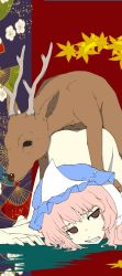 0_0 artist_request ass bestiality bottomless brown_eyes clenched_teeth deer doggystyle empty_eyes hat interspecies pale_skin rape saigyouji_yuyuko sex sex_from_behind teeth top-down_bottom-up touhou vaginal