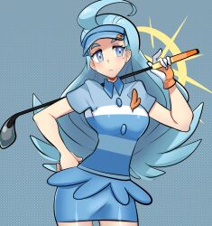 Rule 34 | 1girl, :&lt;, absurdres, ahoge, blue eyes, blue hair, blue shirt, blue skirt, closed mouth, commentary, english commentary, eyelashes, facing viewer, gloves, golf club, hand on own hip, highres, holding, holding golf club, kahili (pokemon), long hair, looking to the side, missandydandy, mole, mole under eye, nintendo, pokemon, pokemon sm, shirt, short sleeves, single glove, skirt, solo, visor cap