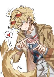 1boy absurdres ahoge animal_ears arknights belt blonde_hair blue_eyes blue_shirt blush brown_coat charm_(object) chinese_commentary closed_mouth coat commentary_request dog_boy dog_ears dog_tail ear_piercing earrings eyewear_on_head grey_pants hair_between_eyes hand_up heart heart_hands highres jewelry leaning_to_the_side looking_at_viewer male_focus messy_hair one_eye_closed orange-tinted_eyewear pants piercing red_shirt shirt smile solo sparkle spoken_heart standing sunglasses tail tail_wagging tequila_(arknights) tinted_eyewear turtleneck white_background white_shirt xingyun45204