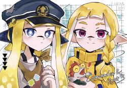 2girls agent_3_(splatoon) agent_3_(splatoon_3) blonde_hair blue_eyes blue_hat border braid bright_pupils captain_3_(splatoon) closed_mouth coat commentary earrings eyebrow_cut grid_background hat headgear highres inkling jewelry long_hair looking_at_viewer multiple_girls nintendo outside_border peaked_cap pointy_ears red_eyes single_braid single_earring smallfry_(splatoon) smile splatoon_(series) splatoon_3 tentacle_hair thick_eyebrows veni4me_06 white_border white_pupils yellow_coat