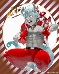 1boy abs absurdres arknights bandaid bandaid_on_face bandaid_on_nose barefoot blue_hair chameleon_boy chameleon_tail chinese_commentary commentary_request ethan_(arknights) fake_antlers fangs fur-trimmed_gloves fur-trimmed_vest fur_trim gloves happy_new_year highres holding holding_sack looking_at_viewer male_focus merry_christmas mistletoe_earrings muscular muscular_male navel new_year nipple_piercing nipples one_eye_closed open_clothes open_mouth open_vest pants pectorals piercing pointy_ears red_gloves red_pants red_vest sack santa_costume smile tail vest watermark weibo_watermark yi_tan_a_mi_ba