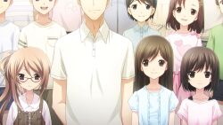 4boys 4girls 5others adam&#039;s_apple asymmetrical_hair asymmetrical_sidelocks black_hair blue_dress blush bow bra_strap brown_eyes brown_hair brown_overalls buttons chaos;child closed_mouth collarbone collared_shirt dot_nose dress faceless faceless_male frilled_dress frilled_shirt frills frown game_cg glasses hair_between_eyes hair_ornament hair_ribbon hairpin head_tilt heart heart_print highres kindergarten_teacher long_hair medium_hair multiple_boys multiple_girls multiple_others nervous non-web_source official_art one_side_up open_collar open_mouth overalls photo_(medium) puffy_short_sleeves puffy_sleeves ribbon round_eyewear sasaki_mutsumi shirt shirt_bow short_hair short_sleeves skirt smile swept_bangs tachibana_yui teacher teacher_and_student teeth tongue upper_teeth_only white_ribbon white_shirt yamazoe_uki