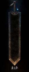 asdj berserk black_background clip_studio_paint_(medium) commentary dragonslayer_(sword) english_commentary english_text fairy highres huge_weapon miura_kentarou_(mangaka) no_humans rest_in_peace_(phrase) sword two-handed_sword weapon weapon_focus