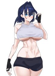 1girl absurdres armband black_gloves black_hair black_shorts blue_eyes breasts commentary crop_top english_commentary fingerless_gloves gloves hair_intakes highres hololive hololive_english huge_breasts koizumi_arata navel ouro_kronii shirt short_shorts shorts simple_background sleeveless sleeveless_shirt solo toned toned_female virtual_youtuber white_armband white_background