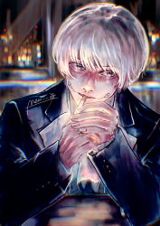 1boy 38_(mew_38) absurdres artist_name bad_id bad_pixiv_id black_jacket black_suit cigarette facial_tattoo formal_clothes highres holding holding_lighter huge_filesize inumaki_toge jacket jujutsu_kaisen lighter lighting_cigarette long_sleeves looking_away male_focus mouth_hold purple_eyes shirt short_hair silver_hair solo suit tattoo upper_body white_shirt