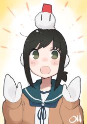 Rule 34 | 1girl, black hair, blush, brown cardigan, cardigan, fubuki (kancolle), green eyes, green sailor collar, hair between eyes, highres, kantai collection, long sleeves, ma rukan, mittens, open cardigan, open clothes, open mouth, ponytail, sailor collar, school uniform, serafuku, short hair, short ponytail, signature, snowman, solo, upper body, white mittens