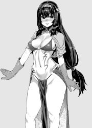 Rule 34 | 1girl, asanagi, bikini, bikini top only, breasts, capelet, gloves, greyscale, highres, large breasts, loincloth, long hair, low-tied long hair, mage (ragnarok online), monochrome, pelvic curtain, ragnarok online, revealing clothes, simple background, smile, swimsuit