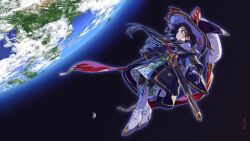1girl absurdres boots character_request clothing_request commentary_request earth_(planet) full_body gloves hat highres long_hair okuribi planet rance_(series) red_eyes solo space sword weapon white_boots