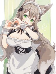 1girl :d animal_ears apron artist_name black_dress black_ribbon blush borrowed_character breasts brown_hair cleavage commission cowboy_shot dress frilled_cuffs green_eyes hair_ornament hair_ribbon hairpin hands_up head_tilt heart heart_hands highres komerina large_breasts long_hair looking_at_viewer maid maid_apron maid_headdress open_mouth original outline raised_eyebrows ribbon short_sleeves skeb_commission smile solo standing straight_hair tail translated white_apron white_background white_outline wolf_ears wolf_girl wolf_tail wrist_cuffs