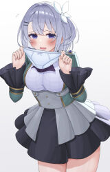 1girl absurdres ascot asigaru3000 black_skirt blue_eyes blush bow bow_panties breasts embarrassed green_jacket hair_intakes hair_ornament hairclip highres hikikomari_kyuuketsuki_no_monmon holding holding_panties holding_underwear holding_unworn_clothes jacket large_breasts looking_at_viewer panties parallel_hairclips purple_ascot sakuna_memoire simple_background skirt solo underwear white_background white_hair white_overskirt white_panties