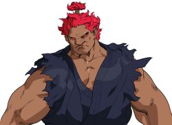 1boy akuma_(street_fighter) bengus dougi facing_viewer game_cg head_tilt highres male_focus muscular muscular_male no_eyebrows non-web_source official_art portrait red_eyes red_hair simple_background solo street_fighter street_fighter_zero_(series) topknot torn_clothes torn_sleeves upper_body white_background