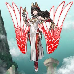 1girl bare_shoulders bird_girl claw_(weapon) claws coat commission feather-trimmed_coat fire_emblem fire_emblem_heroes flying gloves glowing glowing_wings grimaisbestwaifu highres hraesvelgr_(fire_emblem) ko-fi_commission leggings nintendo red_aura red_gloves red_leggings red_wings second-party_source solo weapon wings