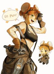 Rule 34 | 0820 lakia, 1girl, animal ears, breasts, brown gloves, brown pants, chibi, commentary request, cowboy shot, gloves, green eyes, hair bun, hamster ears, hamster girl, hamster tail, highres, holding, holding wrench, korean commentary, korean text, looking at viewer, medium breasts, orange hair, original, pants, shading eyes, short hair, simple background, sports bra, strap slip, suspenders, sweat, toned, toned female, translation request, white background, wrench