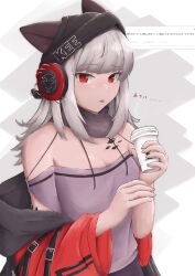 1girl absurdres animal_ears arknights bare_shoulders black_hat breasts cleavage clothes_writing commentary_request cup disposable_coffee_cup disposable_cup drink ears_through_headwear frostleaf_(arknights) grey_hair grey_shirt halter_shirt halterneck hat headphones highres holding holding_drink inset long_sleeves looking_at_viewer material_growth medium_breasts medium_hair nyo_(fy_1) off_shoulder oripathy_lesion_(arknights) partially_translated red_eyes request_inset rhodes_island_logo_(arknights) shirt solo tongue tongue_out translation_request