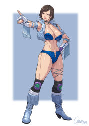 1girl 2023 abs absurdres artist_name breasts brown_eyes brown_hair choker cirenk cleavage commentary fingerless_gloves gloves highres kazama_asuka large_breasts short_hair solo tekken toned toned_female