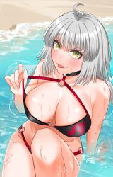 1girl absurdres ahoge bare_shoulders beach bikini black_bikini blush breasts choker cleavage collarbone fate/grand_order fate_(series) grey_hair highres jeanne_d&#039;arc_alter_(fate) jeanne_d&#039;arc_alter_(swimsuit_berserker)_(fate) large_breasts long_hair looking_at_viewer o-ring o-ring_bikini shore swimsuit thighs tomotomow00w tongue tongue_out wet yellow_eyes