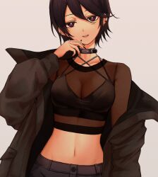 Rule 34 | 1girl, black choker, black hair, black jacket, black shirt, breasts, bright pupils, brown shirt, camisole, choker, cigarette, cleavage, criss-cross halter, crop top, ear piercing, halterneck, hand up, highres, holding, holding cigarette, jacket, kushinaka, long sleeves, looking at viewer, medium breasts, midriff, navel, off shoulder, open clothes, open jacket, open mouth, original, piercing, purple eyes, see-through cleavage, see-through clothes, see-through shirt, shirt, short hair, sleeveless, sleeveless shirt, smile, solo, spaghetti strap, stomach, undershirt, upper body
