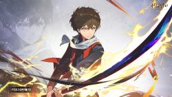 black_shirt brown_hair game_cg highres holding holding_sword holding_weapon looking_at_another red_vest scarf shirt simple_background sword tower_of_god tower_of_god:_great_journey twenty-fifth_bam uoongpig vest weapon white_scarf yellow_eyes