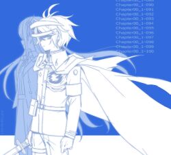 1boy 1girl armband blue_theme cape closed_mouth commentary hai_(haihki) hair_between_eyes highres holding holding_sword holding_weapon jacket kashimiya_karua last_defense_academy_school_uniform long_hair long_sleeves monochrome school_uniform shirt simple_background skirt solo_focus sumino_takumi sword symbol-only_commentary the_hundred_line_-last_defense_academy- torn_cape torn_clothes weapon
