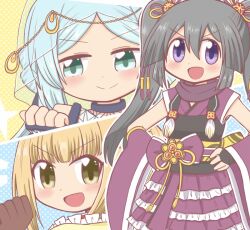 &gt;:) 3girls :d bad_id bad_twitter_id black_gloves black_hair blonde_hair blue_hair blush bow brown_eyes clenched_hand closed_mouth detached_sleeves frilled_skirt frills gloves hair_between_eyes hair_ornament hand_on_own_hip hand_up hiroe_chiharu japanese_clothes long_hair long_sleeves looking_at_viewer magia_record:_mahou_shoujo_madoka_magica_gaiden magical_girl mahou_shoujo_madoka_magica multiple_girls open_mouth parted_bangs polka_dot polka_dot_background purple_bow purple_eyes purple_ribbon purple_scarf purple_skirt purple_sleeves reverse_(bluefencer) ribbon scarf sidelocks skirt smile toki_sunao tokime_shizuka twintails v-shaped_eyebrows wide_sleeves