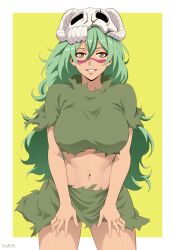 1girl arrancar artist_name bleach border breasts facial_mark female_focus green_hair large_breasts long_hair looking_at_viewer mask mask_on_head midriff nelliel_tu_odelschwanck scar scar_on_face shiny_skin simple_background skull_on_head solo standing stayaliveplz torn_clothes white_border yellow_background yellow_eyes