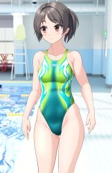 Rule 34 | 1girl, absurdres, black hair, breasts, brown eyes, chair, clothes writing, collarbone, commentary request, competition swimsuit, cowboy shot, feet out of frame, flame print, green one-piece swimsuit, highleg, highres, indoors, lane line, lifeguard chair, medium breasts, multicolored swimsuit, one-piece swimsuit, original, parted bangs, ponytail, pool, poolside, short hair, skindentation, solo, swimsuit, takafumi, variant set