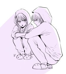 Rule 34 | 1boy, 1girl, alternate costume, brother and sister, closed mouth, hair between eyes, highres, hood, hoodie, hoshino aquamarine, hoshino ruby, long hair, monochrome, open mouth, oshi no ko, short hair, siblings, simple background, slippers, squatting, star-shaped pupils, star (symbol), star in eye, symbol-shaped pupils, symbol in eye, twins, white background, yokoyari mengo