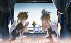 1boy 1girl angel_wings arm_on_table armlet black_ribbon black_shirt blonde_hair blue_eyes blue_sky booth_seating bottle bow chinese_commentary choker closed_mouth commentary_request cowboy_shot cup curtains day disposable_cup dress drinking drinking_straw elbow_on_table elbows_on_table eyelashes feathered_wings flower frilled_choker frills hair_bow hair_ornament hairclip highres indoors jewelry kagamine_len kagamine_rin kneehighs light_frown low_ponytail medium_hair neck_ribbon number_tattoo on_chair own_hands_together ponytail ribbon shirt short_dress short_ponytail shorts shoulder_tattoo side_slit sitting sky sleeveless sleeveless_dress socks tattoo train_interior vase vocaloid water water_bottle watermark weibo_watermark white_bow white_choker white_dress white_shirt white_shorts white_socks white_wings window wings wrist_ribbon yellow_flower zeriko