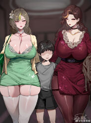 1boy 2girls age_difference b.sa_(bbbs) bad_tag bag belt black_hair blurry breasts brown_hair choker cleavage collarbone curvy dress earrings faceless flower garter_straps green_dress hair_flower hair_ornament handbag height_difference hetero highres huge_breasts jacket jewelry large_breasts long_hair makeup mature_female mole mole_under_eye multicolored_hair multiple_girls necklace onee-shota pantyhose red_dress short_dress shorts shota smile streaked_hair thick_thighs thighhighs thighs