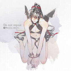 1boy ahoge alternate_costume alternate_universe bare_arms bare_legs black_hair black_shirt black_shoes black_shorts black_tail black_wings blush bound bound_wrists cleavage_cutout closed_mouth clothing_cutout collarbone crop_top crossdressing demon_boy demon_tail demon_wings embarrassed grey_eyes hair_ribbon high_heels long_hair male_focus midriff modao_zushi moirae navel pectoral_cleavage pectorals ponytail red_ribbon ribbon shirt shoes short_shorts shorts sitting sleeveless sleeveless_shirt smile solo tail tail_bondage trap twitter_username very_long_hair wariza watermark wei_wuxian wings wrist_cuffs