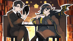 Rule 34 | 1boy, 1girl, binah (project moon), black cape, black dress, black hair, black jacket, black necktie, black pants, black wings, blonde hair, bookshelf, cape, collared shirt, colored inner hair, crossed legs, cup, dress, holding, holding mask, jacket, library of ruina, long hair, long sleeves, mask, multicolored hair, nakame77, necktie, pants, project moon, roland (project moon), shirt, sitting, smile, table, teacup, white shirt, wings