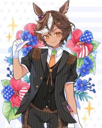 1girl american_flag american_flag_print animal_ears black_jacket black_pants black_vest blue_flower bow brown_eyes brown_hair closed_mouth collared_shirt corrupted_twitter_file flag_print flower gloves green_necktie hair_bow hair_ornament hairclip highres horse_ears horse_girl indie_virtual_youtuber jacket luna_(l000llaby) multicolored_bow multicolored_hair necktie orange_necktie pants pink_flower second-party_source shirt short_hair solo star_(symbol) star_in_eye star_print streaked_hair striped_clothes striped_jacket striped_pants striped_vest symbol_in_eye tomoe_umari tomoe_umari_(presidential) two-tone_necktie vertical-striped_clothes vertical-striped_jacket vertical-striped_pants vertical-striped_vest vest virtual_youtuber white_gloves white_hair white_shirt