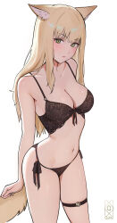 Rule 34 | 1girl, absurdres, animal ear fluff, animal ears, black bra, black panties, blonde hair, blush, bow, bow bra, bra, breasts, character request, collarbone, green eyes, highres, lace, lace bra, long hair, looking at viewer, navel, o-ring, o-ring thigh strap, panties, quilm, simple background, solo, standing, tail, thigh strap, underwear, underwear only, upotte!!, white background