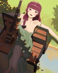 1girl :d absurdres bare_shoulders bass_guitar bench blunt_bangs blush bocchi_the_rock! braid crossed_legs dappled_sunlight dress fang green_dress highres hiroi_kikuri instrument leaning long_hair looking_at_viewer looking_up open_mouth outdoors purple_eyes purple_hair shadow sitting smile solo strap_slip sunlight takoyoomi