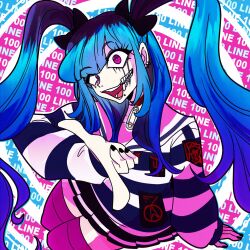 1girl amemiya_darumi black_bow black_hair black_nails black_skirt blue_background blue_hair bow collar ear_piercing face_piercing female_focus heart highres lip_piercing long_sleeves looking_at_viewer makeup ministarfruit multicolored_hair piercing pink_background pink_eyes pink_thighhighs pleated_skirt red_collar runny_makeup safety_pin shirt skirt solo striped_clothes striped_shirt text_background the_hundred_line_-last_defense_academy- thighhighs