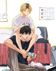 2boys :t animal bag barefoot black_cat black_hair black_shirt blonde_hair brown_pants calendar_(object) candy cat chewing controller crew_neck duffel_bag elbow_on_knee feeding food game_controller haikyuu!! hand_on_another&#039;s_face hand_up highres holding holding_controller hot indoors jacket kozume_kenma kuroo_tetsurou looking_ahead lower_teeth_only male_focus motion_lines multicolored_hair multiple_boys necktie on_bed open_mouth orange_eyes pants playing_games red_necktie rooq0102 shirt sitting slit_pupils socks striped_clothes striped_necktie sweat sweatdrop t-shirt teeth twitter_username two-tone_hair unfinished unworn_clothes unworn_jacket unworn_necktie white_shirt white_socks yellow_eyes