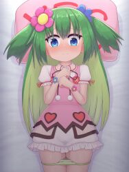 1girl absurdres bed blue_eyes blush closed_mouth dress embarrassed emil_chronicle_online flower green_hair green_pants hair_flower hair_ornament highres long_hair looking_at_viewer lying on_back panties pants panty_pull pink_dress pussy_juice raised_inner_eyebrows rna0 shabotan_alma striped_clothes striped_panties two_side_up underwear yes-no_pillow