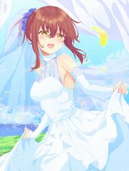 1girl :d adversarial_noise alternate_costume bare_shoulders blue_flower blue_rose blue_sky breasts bridal_veil brown_eyes brown_hair commentary_request cowboy_shot day detached_sleeves dress eyelashes flower hair_flower hair_ornament happy highres long_sleeves looking_at_viewer mature_female medium_breasts medium_hair misaki_kyouko_(summer_pockets) mole mole_under_eye mu-chu ocean open_mouth outdoors ponytail rose sidelocks skirt_hold sky sleeveless sleeveless_dress smile solo summer_pockets veil wedding_dress