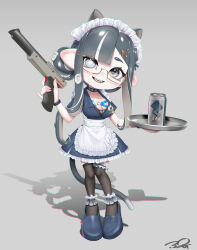 1girl absurdres animal_ears ankle_garter apron black_choker black_thighhighs blue_dress blue_eyes blue_footwear blue_hair blue_ribbon breasts bright_pupils can cat_ears cat_girl cat_tail choker chromatic_aberration cleavage collarbone commentary commission dress drink_can english_commentary extra_ears fang fingernails frilled_thigh_strap full_body glasses grey_background hair_bun hair_ornament hair_ribbon hairclip highres holding holding_tray holding_weapon looking_at_viewer maid maid_headdress mismatched_pupils multicolored_hair n-zap_(splatoon) nintendo octoling octoling_girl octoling_player_character open_mouth parted_bangs petticoat puchiman ribbon semi-rimless_eyewear sharp_fingernails short_sleeves sidelocks signature single_hair_bun smile solo splatoon_(series) standing star-shaped_pupils star_(symbol) streaked_hair symbol-shaped_pupils tail tentacle_hair thigh_strap thighhighs tray two-tone_hair under-rim_eyewear waist_apron weapon white_apron white_hair white_pupils yellow-framed_eyewear