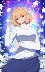 1girl arcueid_brunestud black_skirt blonde_hair breasts flower highres jewelry kaworu13 large_breasts necklace parted_lips red_eyes shirt short_hair skirt solo tsukihime white_flower white_shirt