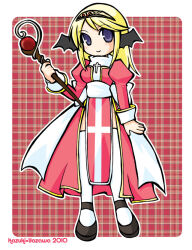 1girl 2010 back_bow black_shoes black_wings blonde_hair bow breasts closed_mouth commentary_request cross demon_wings dress full_body gold_hairband hairband head_wings high_priest_(ragnarok_online) holding holding_staff juliet_sleeves long_hair long_sleeves looking_at_viewer medium_breasts pelvic_curtain pink_dress plaid_background puffy_sleeves purple_eyes ragnarok_online sash shoes smile solo staff thighhighs two-tone_dress white_bow white_dress white_sash white_thighhighs wings yazawa_kazuki