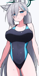 1girl animal_ear_fluff animal_ears black_one-piece_swimsuit blue_archive blue_eyes breasts competition_swimsuit covered_navel cross_hair_ornament extra_ears grey_hair hair_ornament halo highres large_breasts low_ponytail medium_hair mismatched_pupils multicolored_swimsuit official_alternate_costume one-piece_swimsuit ponytail shiroko_(blue_archive) shiroko_(swimsuit)_(blue_archive) shiroko_terror_(blue_archive) simple_background solo swimsuit white_background wolf_ears yuntaro_(ramen_star)