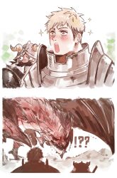 2boys absurdres armor blonde_hair blush commentary crossover dokuro_deluxe dragon dungeon_meshi dwarf facial_hair fake_horns helmet highres horns laios_touden male_focus monster_hunter_(series) multiple_boys mustache open_mouth plate_armor rathalos red_scales senshi_(dungeon_meshi) sharp_teeth short_hair sparkle symbol-only_commentary teeth wings wyvern yellow_eyes