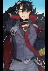 1boy absurdres bandaged_neck bandages black_bandages black_gloves black_hair black_shirt blue_background blue_eyes coat coat_on_shoulders facing_viewer fingerless_gloves genshin_impact gloves grey_pants grey_vest hair_between_eyes hand_on_own_head hand_up highres looking_to_the_side male_focus miki_(mangoose_e) multicolored_hair necktie pants parted_lips pillarboxed red_necktie scar scar_on_neck shirt short_hair solo streaked_hair upper_body vest wriothesley_(genshin_impact)