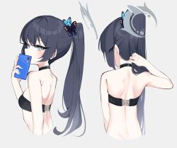 1girl alternate_hairstyle back bare_arms bare_shoulders black_bra black_choker black_hair blue_archive blush bra butterfly_hair_ornament choker commentary eyelashes eyes_visible_through_hair from_behind from_side gen_(unzzenasd) grey_background grey_eyes grey_halo hair_ornament halo highres holding holding_phone kisaki_(blue_archive) loli long_eyelashes long_hair looking_at_viewer looking_back multiple_views nail_polish nape phone ponytail selfie strapless strapless_bra symbol-only_commentary underwear upper_body
