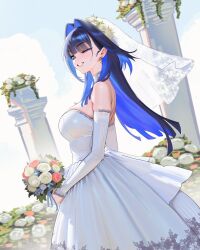 1girl absurdres alternate_costume blue_eyes blue_hair blush bouquet breasts bridal_gauntlets bridal_veil bride commentary dress earrings english_commentary feet_out_of_frame floating_hair flower from_side grin hair_intakes highres holding holding_bouquet hololive hololive_english itszenvy jewelry large_breasts long_hair looking_at_viewer one_eye_closed ouro_kronii pillar pink_flower pink_rose rose smile solo standing strapless strapless_dress veil very_long_hair virtual_youtuber wedding_dress white_dress white_flower white_rose